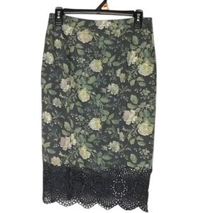 Free People Floral Pencil Skirt Black Green Lace Hem Size 6 Boho Chic Romantic